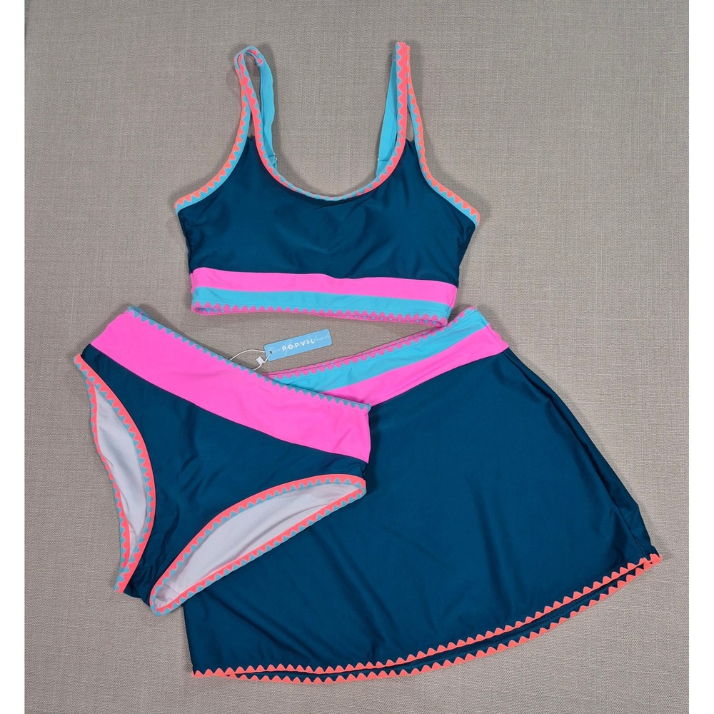 Popvil 3 Piece Swimsuit Set Teal Pink Colorblock Ric Rac Skirt Bikini Womens L